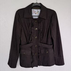 Tabitha Jacket Womens 10 Wool Blend Ruffle Front Button Coat Olive Anthropologie